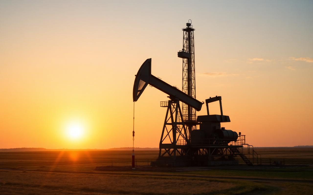 Oil drilling rig at sunset